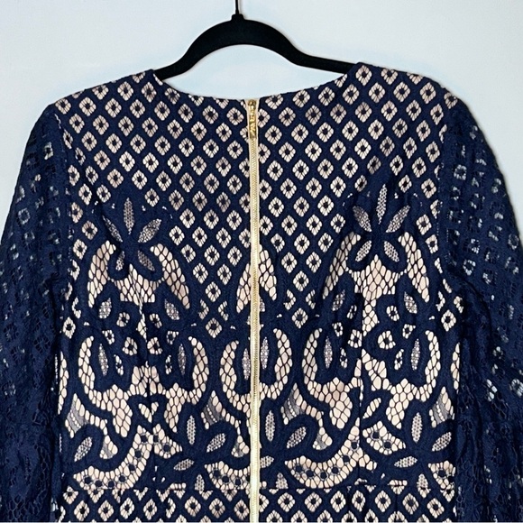 Eliza J Navy Blue Lace Over Nude Dress with Bell Sleeves, Size Medium (10) - Picture 7 of 15